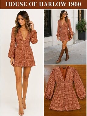 House of Harlow 1960 Alba Mini Dress Geo Print Long Sleeve Plunge Revolve~S🧡